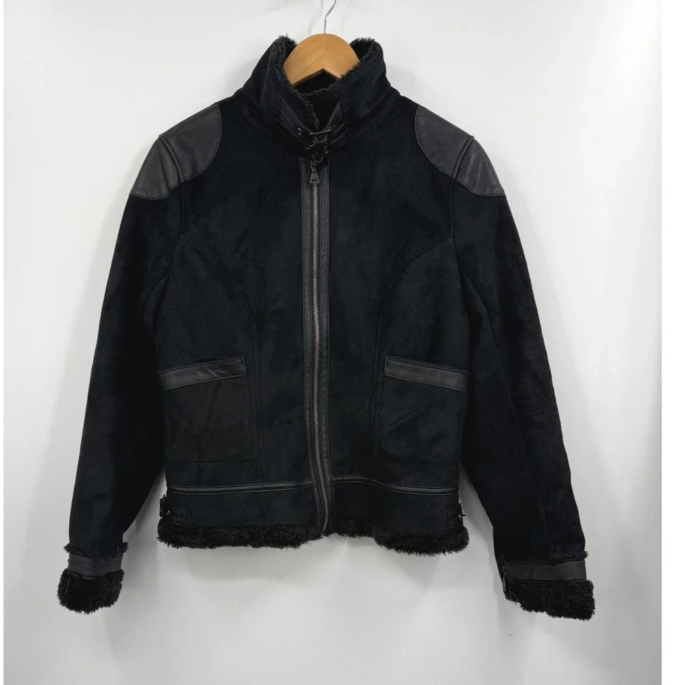 EXPRESS Black Faux Suede Fur Lined Moto Jacket Womens Size Large